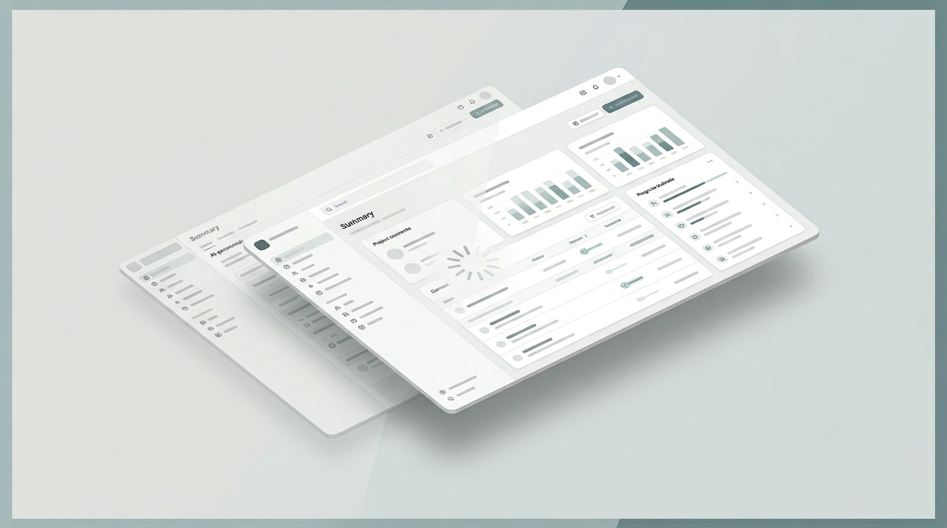 Illustration of refined product UI: layered dashboard mockups suggesting a polished, credible app after refinement